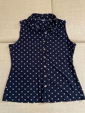 Tommy Hilfiger Sleeveless Navy Polka Dot Button-Front Top